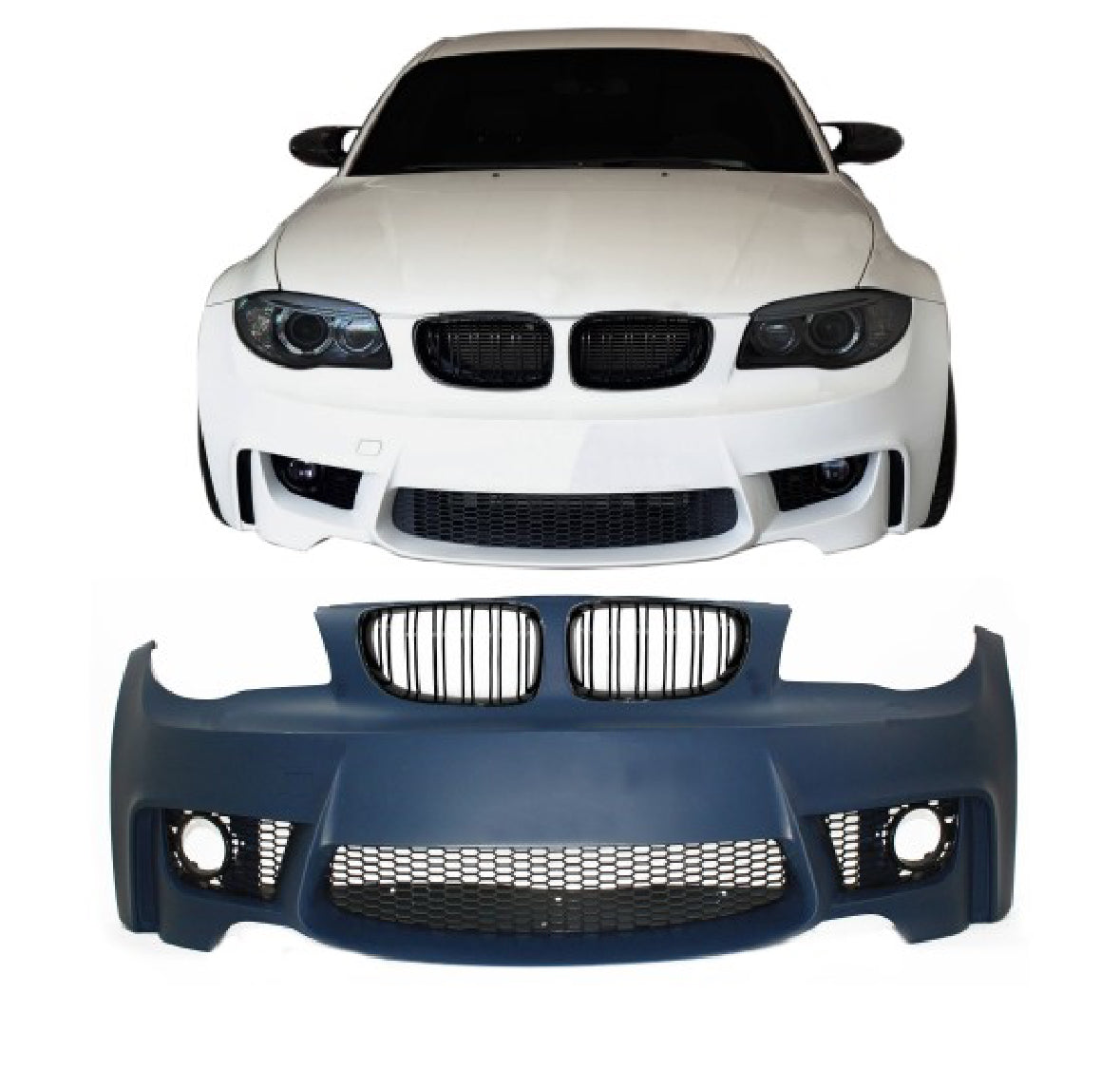 BMW E81 E82 E87 E88 1-sarja 1M look etupuskuri mustilla munuaisilla